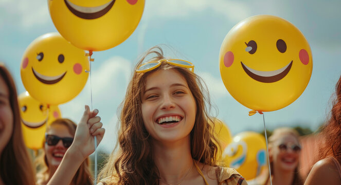 A group of friends holding yellow smiley face balloons, a close-up of hands and smiling faces with happy expressions