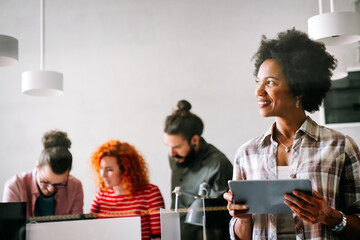 Group of business people and software developers working as a team in office