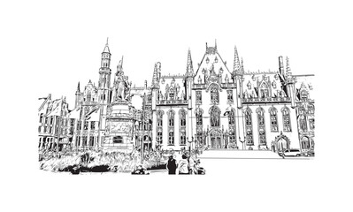 Building view with landmark of Bruges Belgium city. Hand drawn sketch illustration in vector.