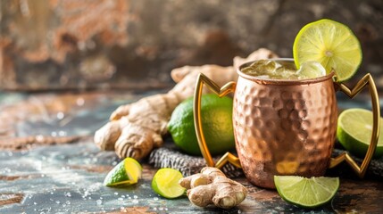 Moscow Mule cocktail in a copper mug, combining vodka, ginger beer, and lime juice, served with a lime wedge, with copy space