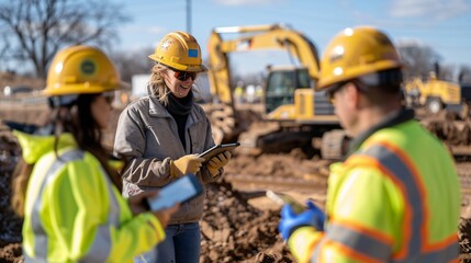 Diverse Construction Team in Yellow Safety Gear Discussing Plans on Tablets at Busy Worksite Under Blue Skies