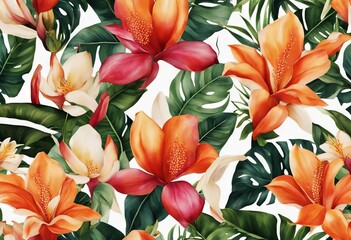 tropical flowers watercolor flower orange pattern orchid magnolia Seamless vanilla