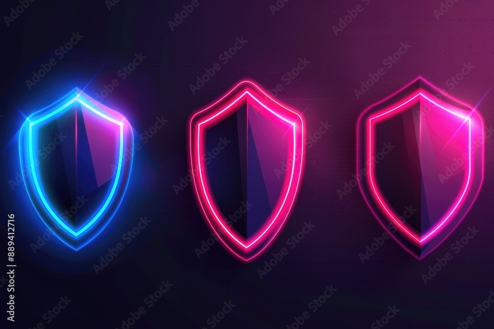 Poster three neon shields illuminated against a dark background