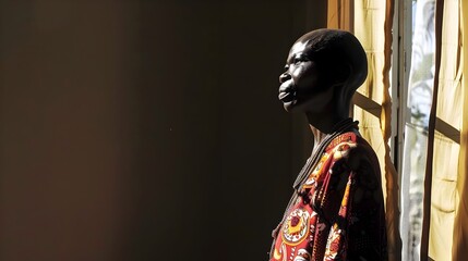 Fototapeta premium Silhouette of African Tribal Man in Ethnic Headpiece and Ornaments