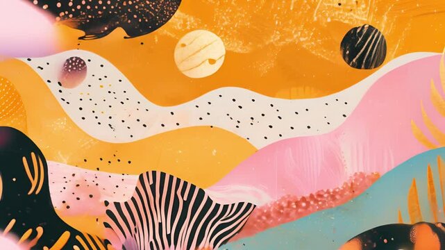 Vibrant abstract art with golden swirls and colorful accents.