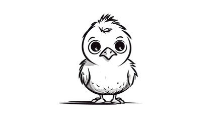 A cute little bird with big eyes stands on a white background.