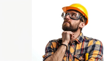 Fototapeta premium profession, construction and building - thinking male worker or builder in yellow helmet and goggles over white background