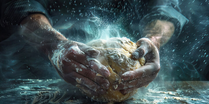 A bakers hands kneading dough preparing it for baking bread.