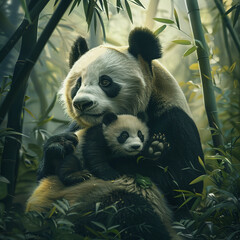Obraz premium A photorealistic image of a newborn panda cub cuddling with its mother in a bamboo forest, radiating warmth, love, and natural beauty. Wildlife Animals.