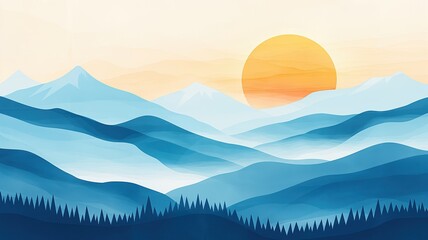 Mountain landscape, vibrant sunrise over snow-capped peaks, serene morning, Watercolor style