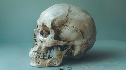 Human skull model flat minimal background bright studio lighting showcasing the anatomical details