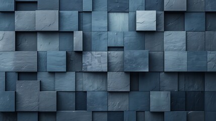 High-end block-like wall design with layered panels in shades of blue and gray, creating a sophisticated and elegant background