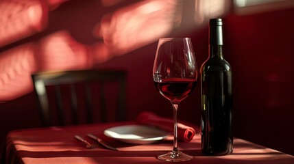Obraz premium Red wine glass on table next to bottle A simple and elegant scene. Concept Wine, Table Setting, Elegant, Simple, Red Wine