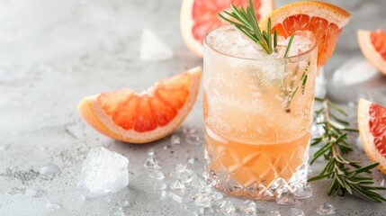 Refreshing drink with natural ice, grapefruit, and rosemary in a frozen glass. with copy space