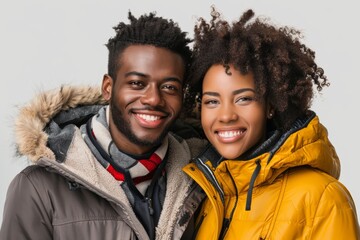 Portrait of a smiling multiethnic couple in their 20s wearing a warm parka on plain white digital canvas