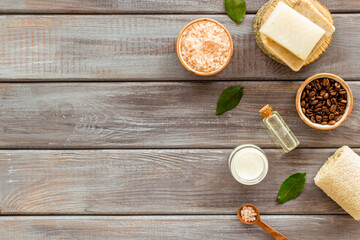 Spa coffee cosmetic set with body scrub and sea salt, top view