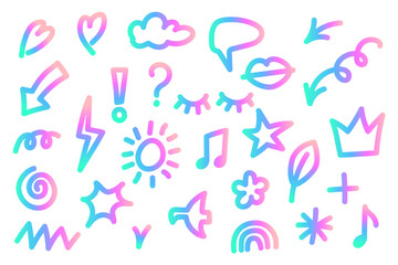 Set of hand drawn doodles. Colorful gradient elements on a white background. Sketch line elements. Holographic colors. Heart, cloud, arrow, star, crown, note, sun, bird. Vector illustration.