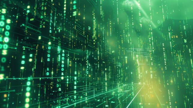A digital corridor composed of green code streaks down from the top of the frame, forming a futuristic and abstract background.