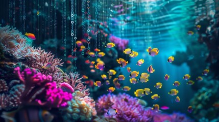 A school of fish swim through a vibrant coral reef, with digital code raining down from above.