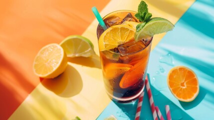 Refreshing Long Island Iced Tea cocktail with citrus on multi-colored background