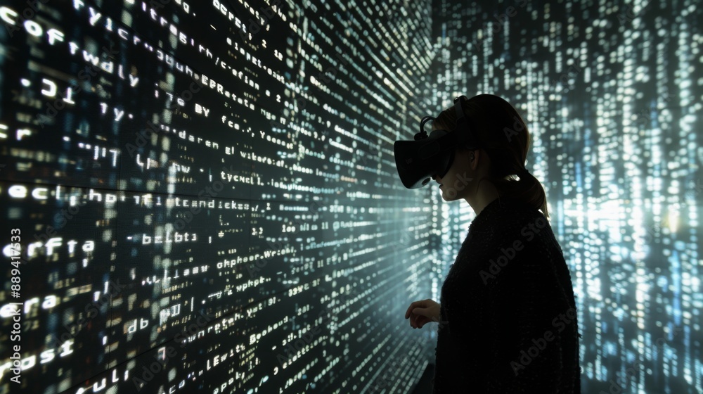 Aufkleber A woman wearing VR goggles stands in front of a wall of binary code, seemingly immersed in a digital experience.