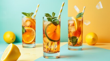 Fototapeta premium Refreshing Long Island Iced Tea cocktail with citrus on multi-colored background