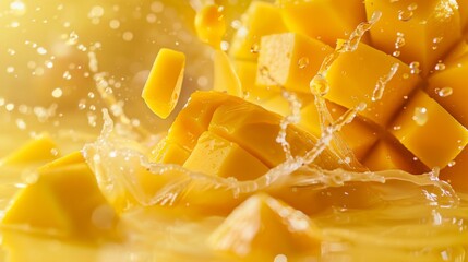 Refreshing mango chunks splash with juice, highlighting vibrant yellow fruit and freshness