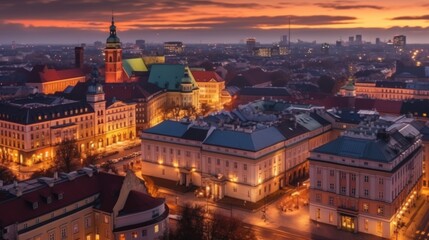 Naklejka premium Aerial View of Warsaw's Cityscape at Dusk