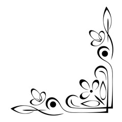 Fototapeta premium Decorative corner element with stylized flowers on stems with leaves and vignettes; graphic design