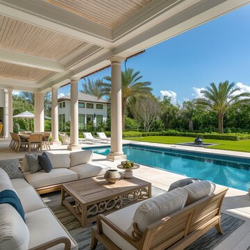 Beautiful outdoor pool with LED lights and seating area, surrounded by white marble tiles, in the backyard of an elegant Miami home on a golf course at sunset.