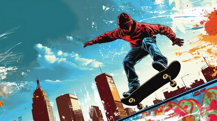 Dynamic vector illustration of a skateboard park, showcasing skaters performing tricks with urban graffiti in the background