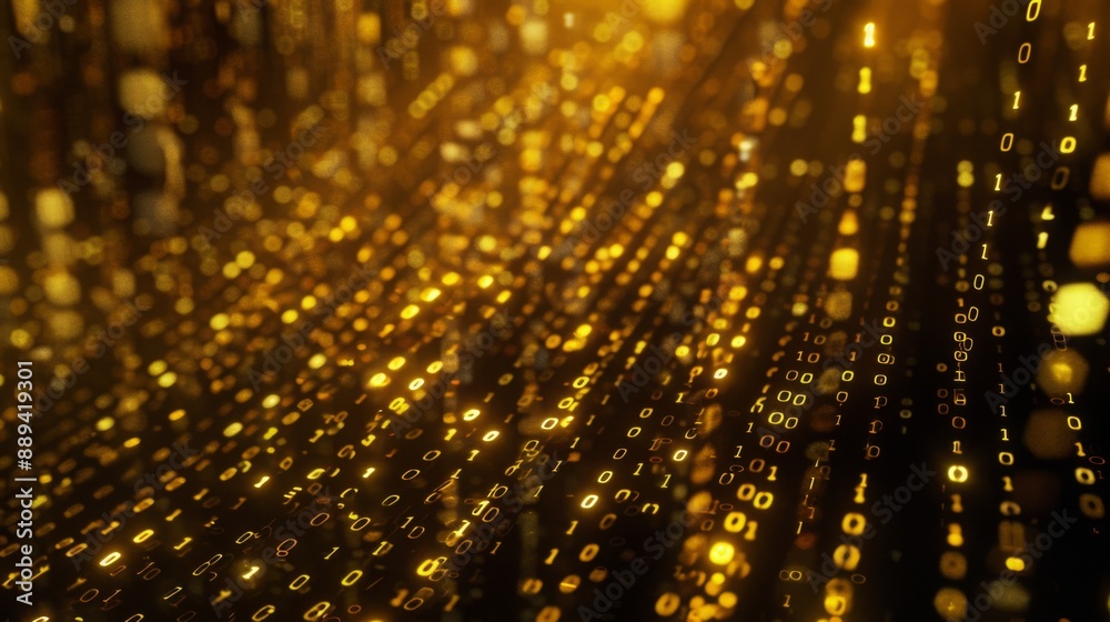 Poster Golden binary code flows in a stream of light, forming a digital curtain.
