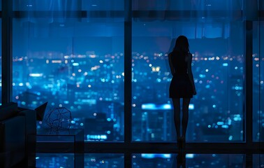 Fototapeta premium Young romantic woman, girl looking out through a panoramic window at night city and dark blue sky. Illustration can be used as poster for home design.