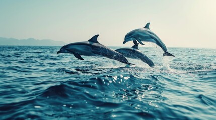 Fototapeta premium Dolphins jumping out of the water poster with