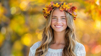 Woman s portrait adorned with vibrant autumn leaves crown, embracing the beauty of early fall