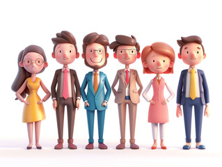 Obraz premium A group of people are standing in a line, all wearing suits and office clothes. 3D cartoon style illustration. 
