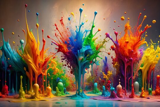 Vibrant splashes of colorful paint explode on a neutral background, fueling imagination and sparking creativity, perfect for artistic gatherings and inspirational events.