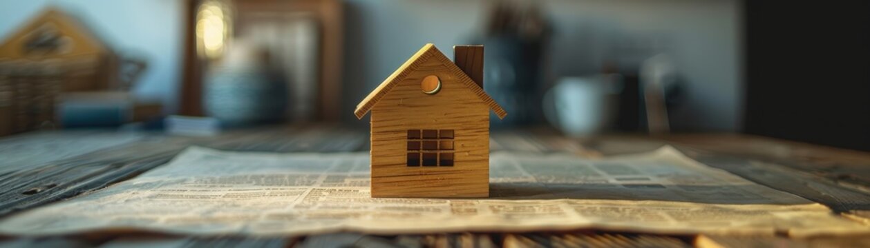 A wooden house is sitting on top of a piece of paper. The house is small and made of wood
