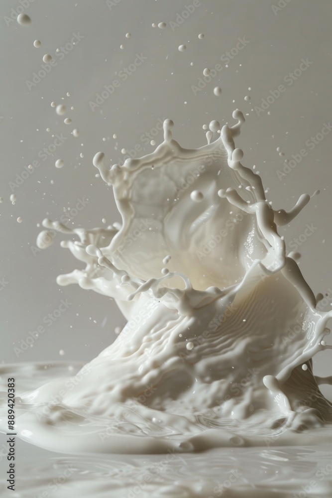 Poster a small amount of milk splashed onto a white surface, with a subtle ripple effect