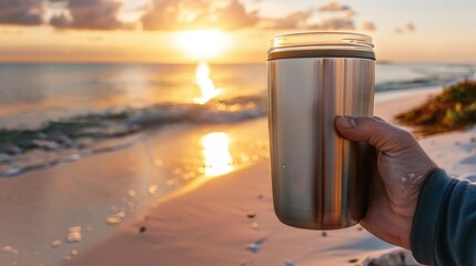Tumbler mockup beach outdoors holding.