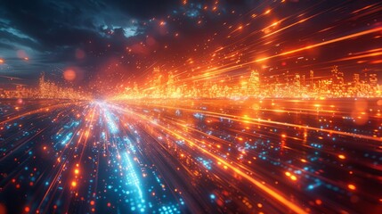 Neon Velocity: High-Resolution Digital Illustration of Intense Orange and Blue Light Streaks Against a Futuristic Cyberpunk Cityscape.
