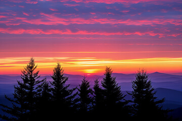 Fototapeta premium Stunning Mountain Sunset Vista with Vibrant Colors and Silhouetted Trees, Capturing the Beauty of Nature's Evening Splendor in a Serene Landscape