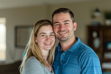 Fototapeta premium Portrait of a grinning caucasian couple in their 20s wearing a breathable golf polo in stylized simple home office background