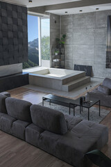 stylish minimalistic restrained modern interior of the apartment, a spacious room with a swimming pool, large panoramic windows overlooking the mountains. without people in the daytime