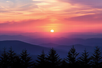 Stunning Mountain Sunset Vista with Vibrant Colors and Silhouetted Trees, Capturing the Beauty of Nature's Evening Splendor in a Serene Landscape
