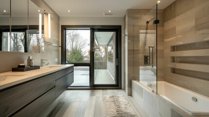 Contemporary bathroom with a large walk-in shower, sleek vanity, and a minimalist bathtub beside a glass window