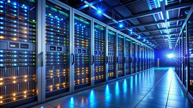 Racks of sleek server units with blinking lights and wires, stacked in a dimly lit data center, surrounded by advanced computer hardware and peripherals.