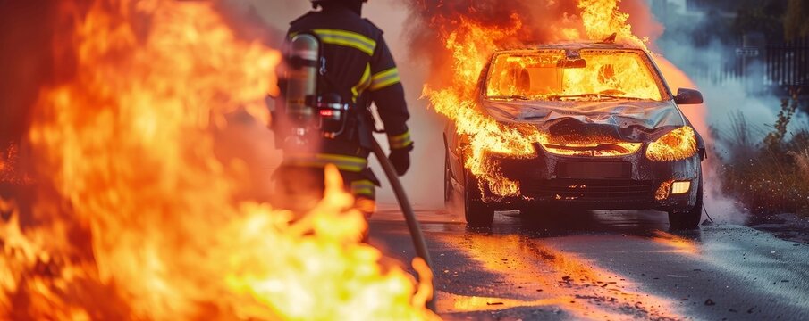 Car engulfed in flames after a violent crash, firefighters working quickly to extinguish the fire