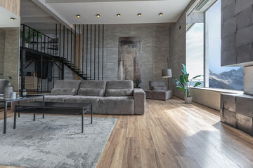 stylish minimalistic restrained modern interior of the apartment, a spacious room with a swimming pool, large panoramic windows overlooking the mountains. without people in the daytime