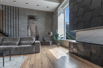stylish minimalistic restrained modern interior of the apartment, a spacious room with a swimming pool, large panoramic windows overlooking the mountains. without people in the daytime
